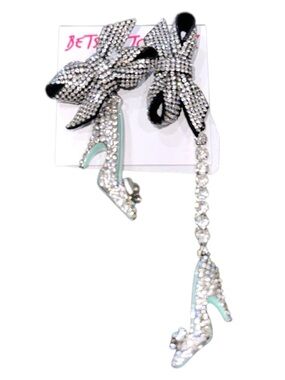 Betsey Johnson Rhinestone Bow Heels Earrings Asymmetrical Dangle Statement Glam